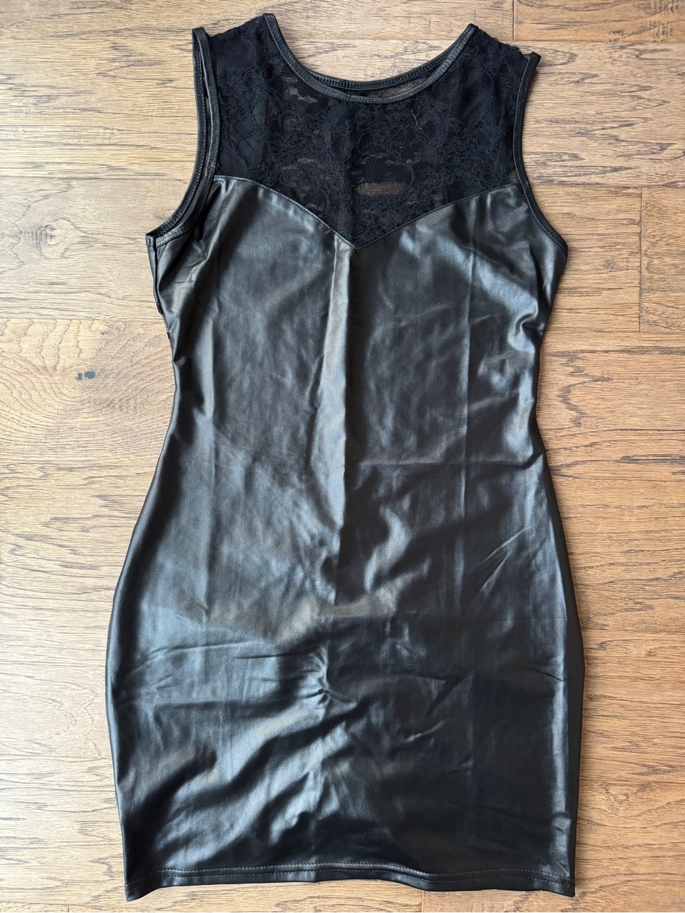 Black Faux Leather Ruched Dress